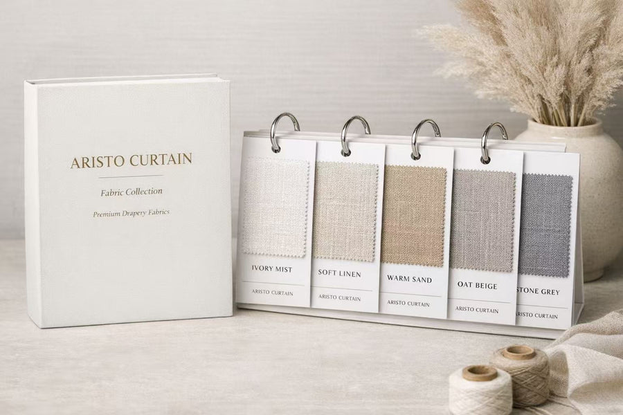 Aristo Curtain premium fabric collection in ivory, linen, sand, beige and grey